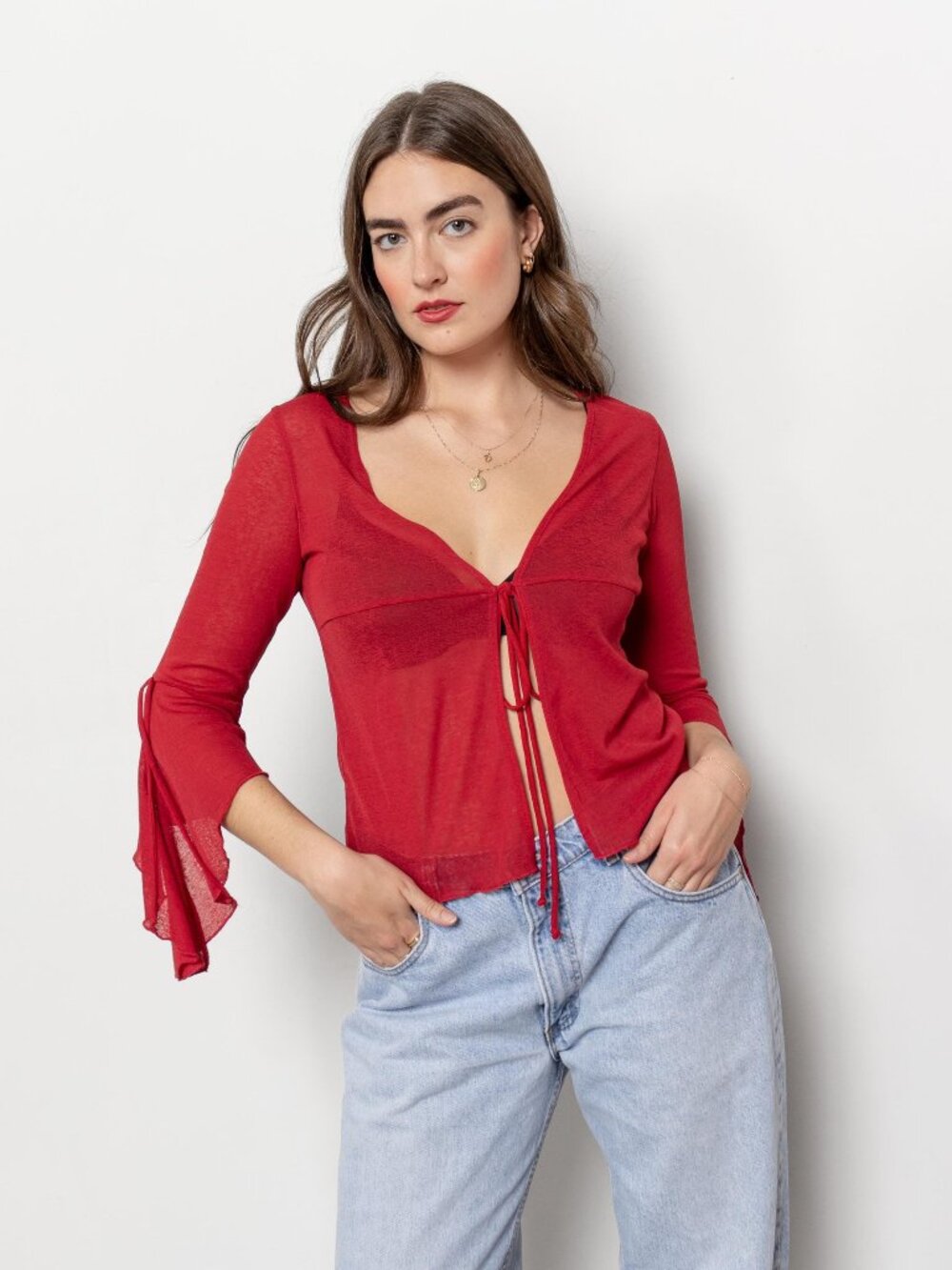 SHEER Red Stretchy Bell Sleeves Y2K Party Top Vintage See Through Tie Front